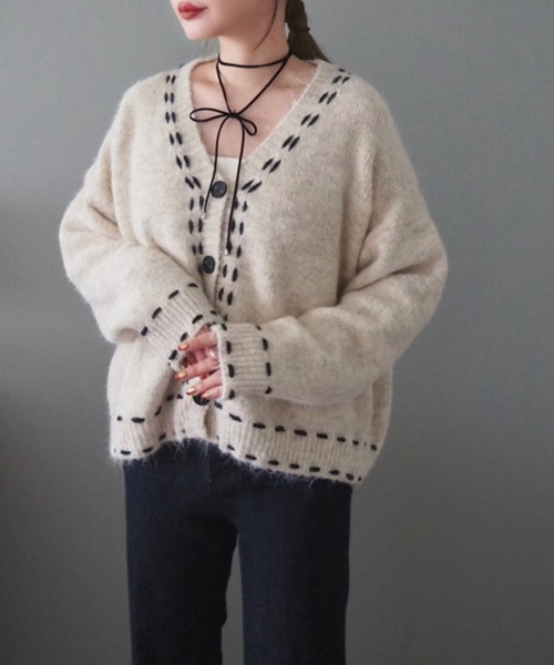 bicolor stitch cardigan /Vネックバイカラーステッチニット