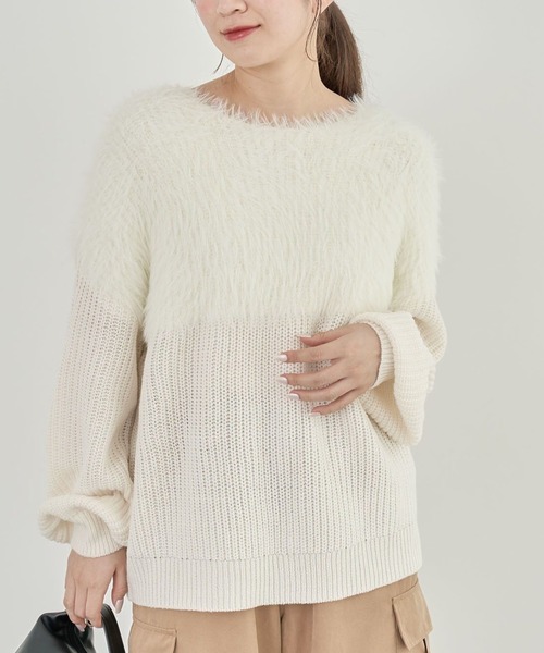 Petit fleur（プチフルール）の「・Petit Fleur シャギーキリカエニット（ニット/セーター・レディース・オフホワイト/チャコールグレー/ピンク/サックスブルー/グレイッシュベージュ/アイボリー・FREE）」の2枚目の写真