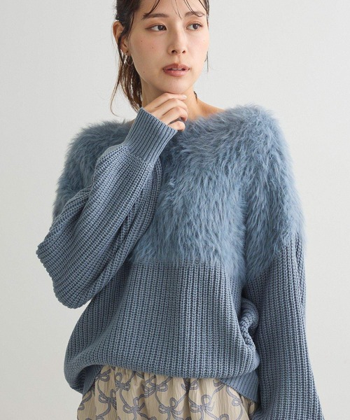 Petit fleur（プチフルール）の「・Petit Fleur シャギーキリカエニット（ニット/セーター・レディース・オフホワイト/チャコールグレー/ピンク/サックスブルー/グレイッシュベージュ/アイボリー・FREE）」の5枚目の写真