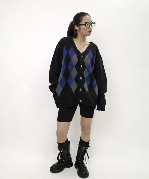 WHO'S WHO gallery（フーズフーギャラリー）の「【UNISEX/ユニセックス】アーガイルモヘアライクカーディガン（カーディガン/ボレロ・レディース・グリーン/キャメル/ブラック・MEDIUM/LARGE）」の5枚目の写真