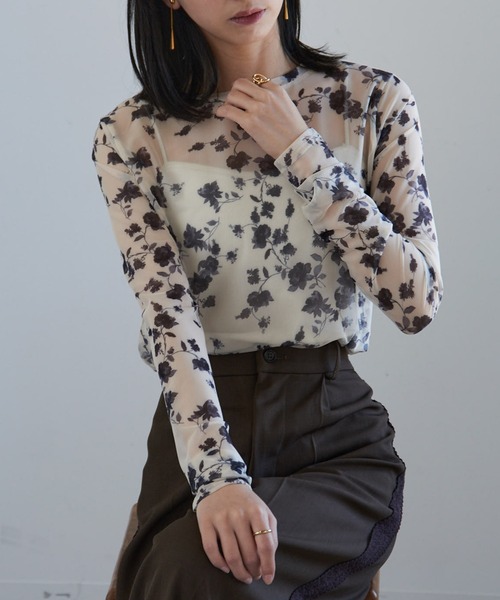 MAISON BREEZE（メゾンブリーズ）の「【MAISON BREEZE】パワーメッシュプリントクルーネックシアートップス XNN（Tシャツ/カットソー・レディース・ベージュ/ミント/パープル/ホワイト/ブラウン/アイボリー/ブラック/アイボリー系2/バーガンディー・FREE）」の7枚目の写真