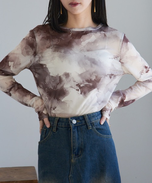 MAISON BREEZE（メゾンブリーズ）の「【MAISON BREEZE】パワーメッシュプリントクルーネックシアートップス XNN（Tシャツ/カットソー・レディース・ベージュ/ミント/パープル/ホワイト/ブラウン/アイボリー/ブラック/アイボリー系2/バーガンディー・FREE）」の5枚目の写真