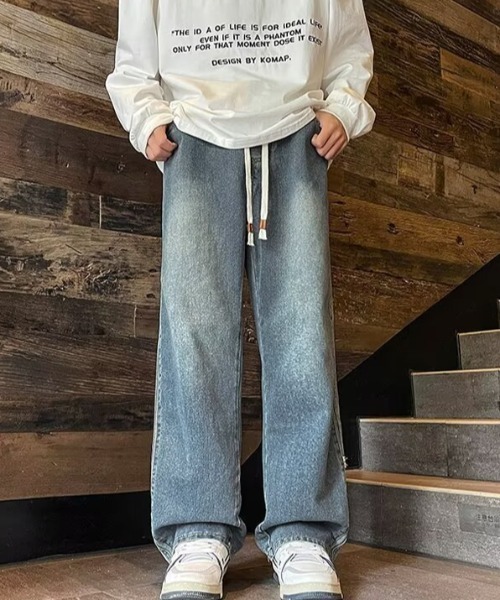 link lot(リンクロット)の「サイドライン ワンポイントヴィンテージ加工ワイドデニム(デニムパンツ・メンズ・ブラック/ブルー・L/M)」の9枚目の写真