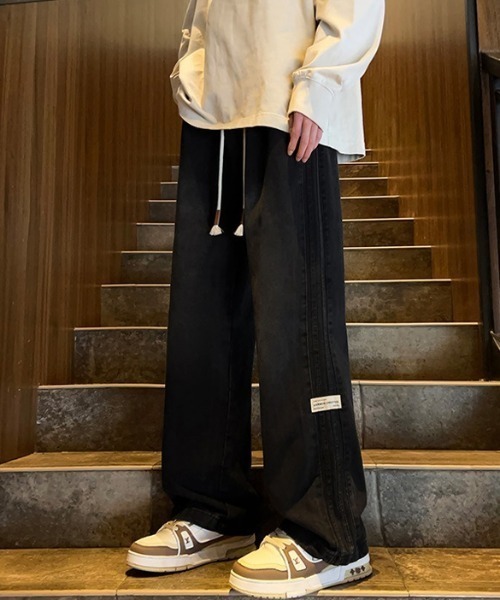 link lot(リンクロット)の「サイドライン ワンポイントヴィンテージ加工ワイドデニム(デニムパンツ・メンズ・ブラック/ブルー・L/M)」の4枚目の写真