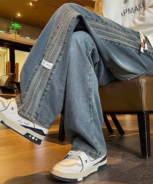 link lot(リンクロット)の「サイドライン ワンポイントヴィンテージ加工ワイドデニム(デニムパンツ・メンズ・ブラック/ブルー・L/M)」の8枚目の写真