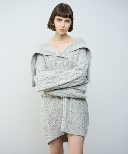 ME COUTURE（ミークチュール）の「フィッシャーマンオーバーニット（ニット/セーター・レディース・ピンク/オフホワイト/グレー・FREE）」の2枚目の写真