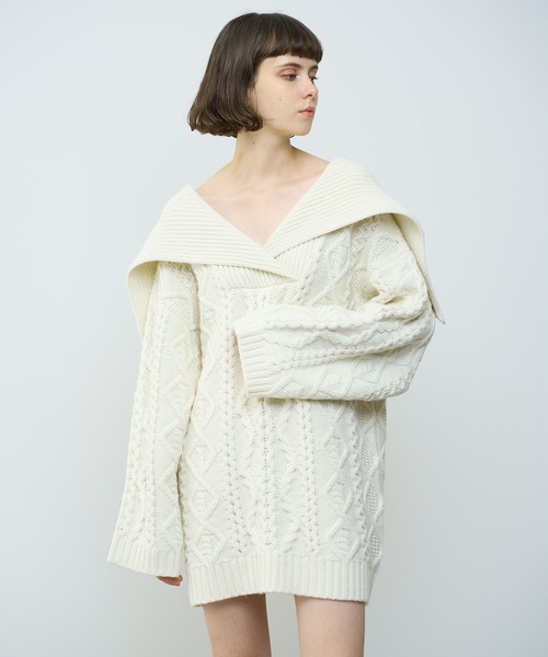 ME COUTURE（ミークチュール）の「フィッシャーマンオーバーニット（ニット/セーター・レディース・ピンク/オフホワイト/グレー・FREE）」の6枚目の写真