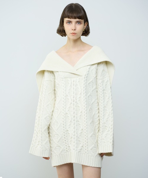 ME COUTURE（ミークチュール）の「フィッシャーマンオーバーニット（ニット/セーター・レディース・ピンク/オフホワイト/グレー・FREE）」の5枚目の写真