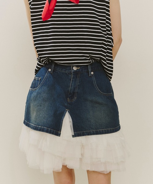 セール】ボリュームギャザーチュール×デニムミニSK（スカート）｜J1U