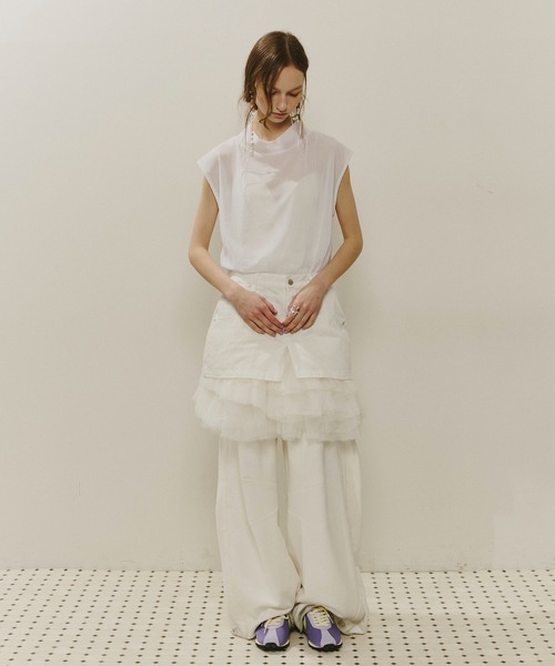 セール】ボリュームギャザーチュール×デニムミニSK（スカート）｜J1U