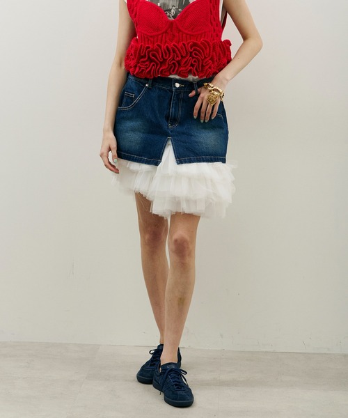 J1U by LA BELLE ETUDE（ジユウバイラベルエチュード）の「ボリュームギャザーチュール×デニムミニSK（スカート・レディース・ブラック/その他/ホワイト・FREE）」の14枚目の写真