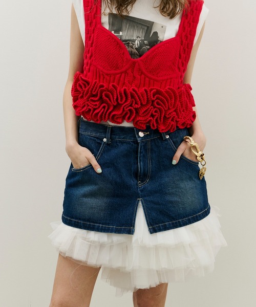 J1U by LA BELLE ETUDE（ジユウバイラベルエチュード）の「ボリュームギャザーチュール×デニムミニSK（スカート・レディース・ブラック/その他/ホワイト・FREE）」の7枚目の写真