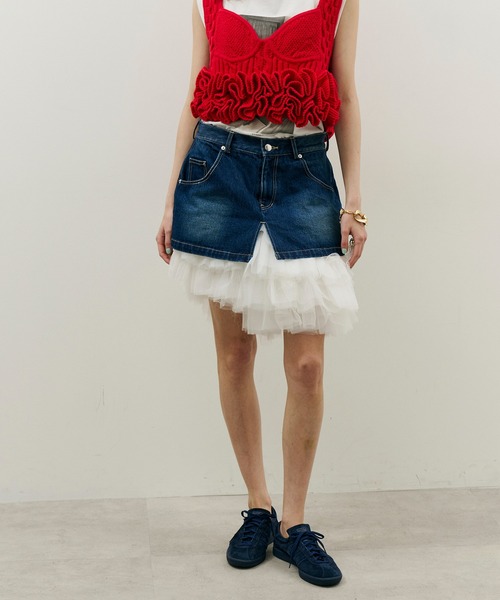 J1U by LA BELLE ETUDE（ジユウバイラベルエチュード）の「ボリュームギャザーチュール×デニムミニSK（スカート・レディース・ブラック/その他/ホワイト・FREE）」の16枚目の写真