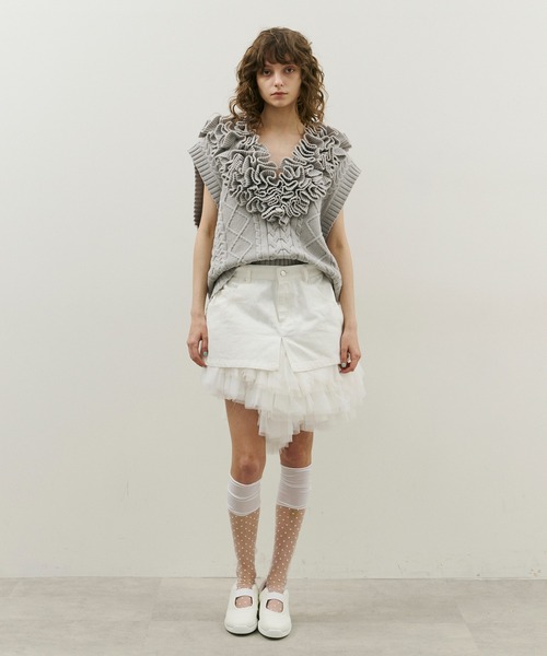 J1U by LA BELLE ETUDE（ジユウバイラベルエチュード）の「ボリュームギャザーチュール×デニムミニSK（スカート・レディース・ブラック/その他/ホワイト・FREE）」の5枚目の写真