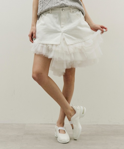 J1U by LA BELLE ETUDE（ジユウバイラベルエチュード）の「ボリュームギャザーチュール×デニムミニSK（スカート・レディース・ブラック/その他/ホワイト・FREE）」の10枚目の写真