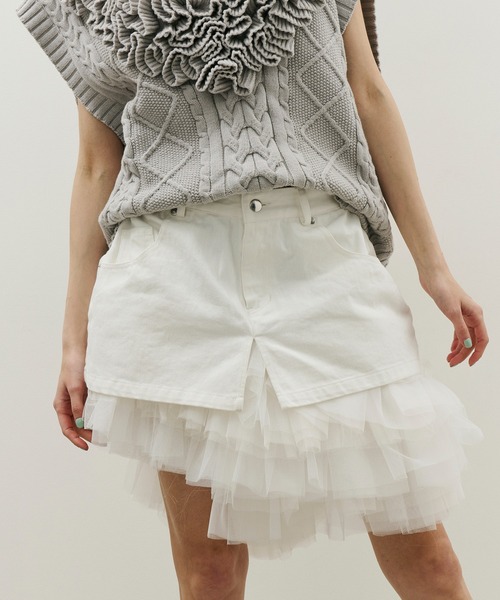 J1U by LA BELLE ETUDE（ジユウバイラベルエチュード）の「ボリュームギャザーチュール×デニムミニSK（スカート・レディース・ブラック/その他/ホワイト・FREE）」の11枚目の写真