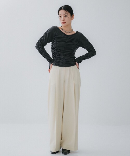 STUDIOUS（ステュディオス）の「【STUDIOUS/ステュディオス】Double Waist Trousers/ダブルウエストトラウザー/ワイドパンツ（スラックス・レディース・イエロー/ダークグレー/キナリ・1/2）」の22枚目の写真