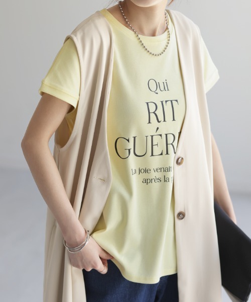 HUG.U(ハグユー)の「フレンチスリーブ ロゴTシャツ(Tシャツ/カットソー・レディース・レモンイエロー/ブラック/ホワイト/ベージュ・M/L)」の10枚目の写真