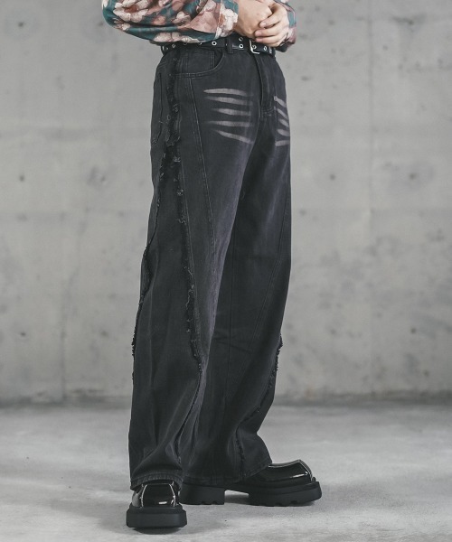 Shoowtime(ショウタイム)の「Side fringe design vintage wash denim pants / サイドフリンジデザインビンテージウォッシュデニムパンツ(デニムパンツ・メンズ・ブラック系/ブルー系・X-LARGE/LARGE/MEDIUM)」の14枚目の写真