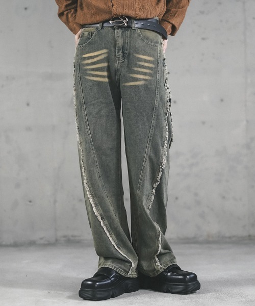 セール】Side fringe design vintage wash denim pants / サイド