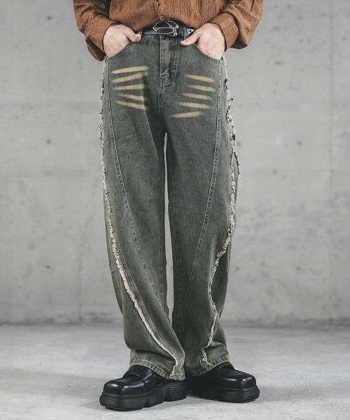 セール】Side fringe design vintage wash denim pants / サイド