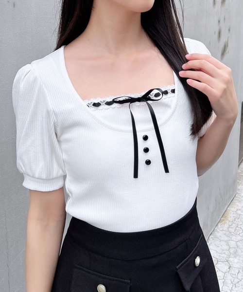 INGNI（イング）の「レイヤード風リブリボントップス（Tシャツ/カットソー・レディース・オフホワイト/グレー/ホワイト系/ブラック・M）」の2枚目の写真