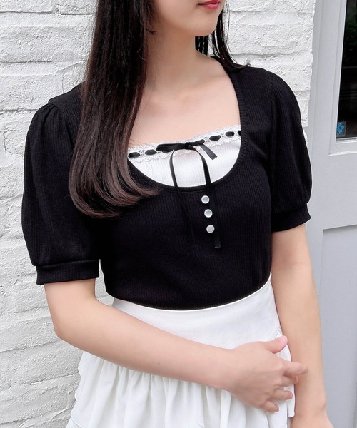 レイヤードリブトップス セール】レイヤード風リブリボントップス（Tシャツ/カットソー