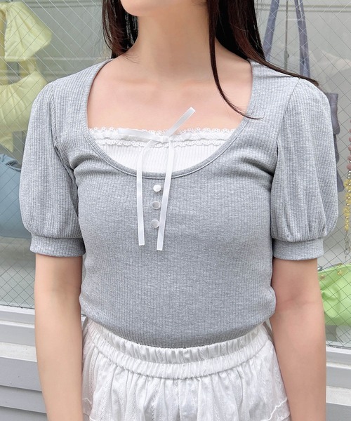 INGNI（イング）の「レイヤード風リブリボントップス（Tシャツ/カットソー・レディース・オフホワイト/グレー/ホワイト系/ブラック・M）」の21枚目の写真