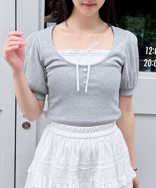 INGNI（イング）の「レイヤード風リブリボントップス（Tシャツ/カットソー・レディース・オフホワイト/グレー/ホワイト系/ブラック・M）」の20枚目の写真