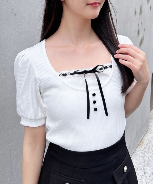 セール】レイヤード風リブリボントップス（Tシャツ/カットソー