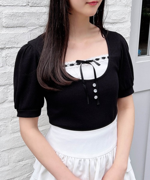 セール】レイヤード風リブリボントップス（Tシャツ/カットソー