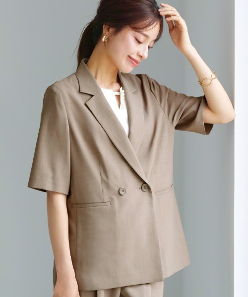 WHITE JOOLA(ホワイトジョーラ)の「洗濯機OK・接触冷感【 ドライタッチ♪サマージャケット 】クリスピーメランジ・半袖ダブルテーラードジャケット(テーラードジャケット・レディース・ブラック/モカ・M/L)」の1枚目の写真