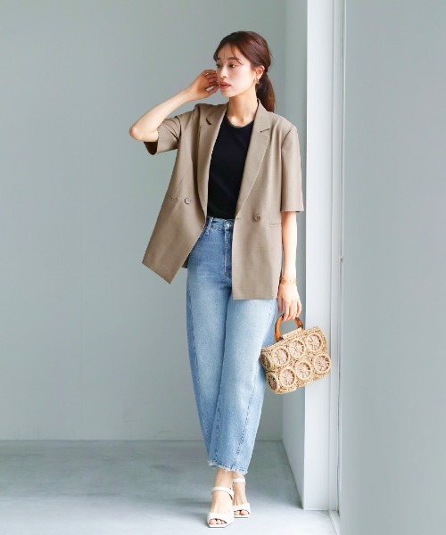 WHITE JOOLA(ホワイトジョーラ)の「洗濯機OK・接触冷感【 ドライタッチ♪サマージャケット 】クリスピーメランジ・半袖ダブルテーラードジャケット(テーラードジャケット・レディース・ブラック/モカ・M/L)」の10枚目の写真