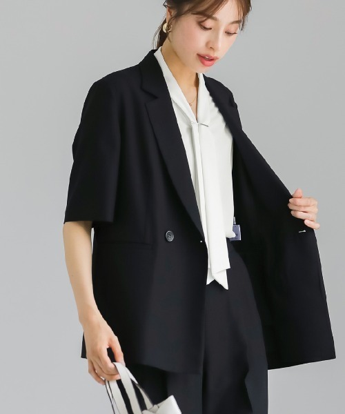 WHITE JOOLA(ホワイトジョーラ)の「洗濯機OK・接触冷感【 ドライタッチ♪サマージャケット 】クリスピーメランジ・半袖ダブルテーラードジャケット(テーラードジャケット・レディース・ブラック/モカ・M/L)」の15枚目の写真