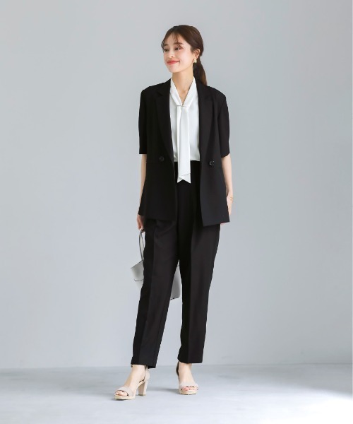 WHITE JOOLA(ホワイトジョーラ)の「洗濯機OK・接触冷感【 ドライタッチ♪サマージャケット 】クリスピーメランジ・半袖ダブルテーラードジャケット(テーラードジャケット・レディース・ブラック/モカ・M/L)」の16枚目の写真