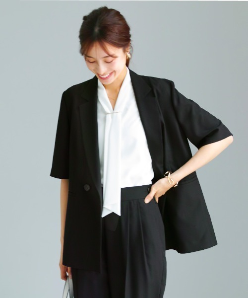 WHITE JOOLA(ホワイトジョーラ)の「洗濯機OK・接触冷感【 ドライタッチ♪サマージャケット 】クリスピーメランジ・半袖ダブルテーラードジャケット(テーラードジャケット・レディース・ブラック/モカ・M/L)」の17枚目の写真