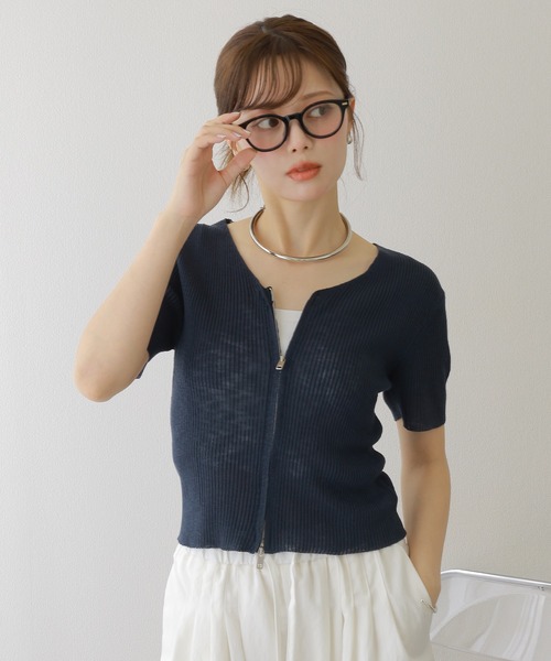 LAULEN(ローレン)の「double zip lib tops /リブ ダブルジップ 半袖 ニットトップス(ニット/セーター・レディース・ブラック/ネイビー/ベージュ・FREE)」の3枚目の写真