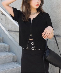 double zip lib tops /リブ ダブルジップ 半袖 ニットトップス