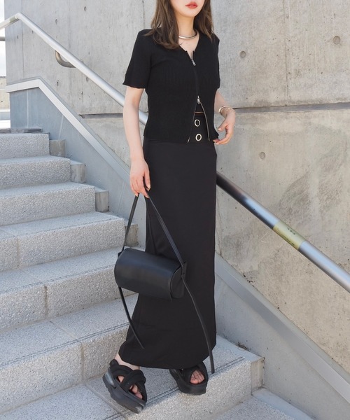 LAULEN(ローレン)の「double zip lib tops /リブ ダブルジップ 半袖 ニットトップス(ニット/セーター・レディース・ブラック/ネイビー/ベージュ・FREE)」の6枚目の写真