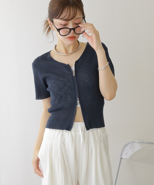 LAULEN(ローレン)の「double zip lib tops /リブ ダブルジップ 半袖 ニットトップス(ニット/セーター・レディース・ブラック/ネイビー/ベージュ・FREE)」の8枚目の写真