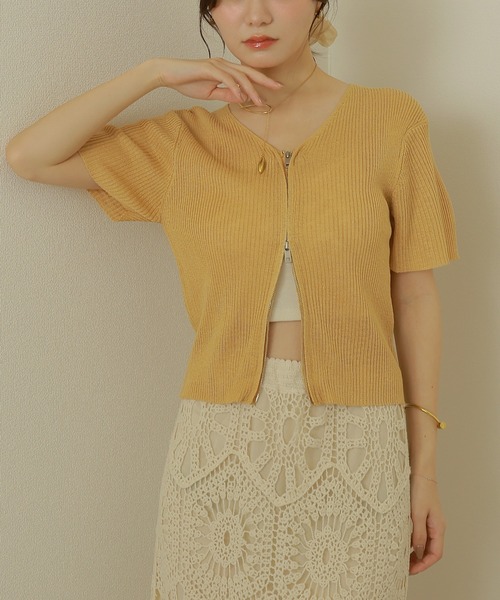 LAULEN(ローレン)の「double zip lib tops /リブ ダブルジップ 半袖 ニットトップス(ニット/セーター・レディース・ブラック/ネイビー/ベージュ・FREE)」の14枚目の写真