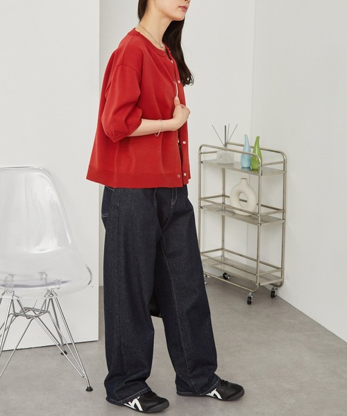 PENNEYS（ぺニーズ）の「PENNEYS/ペニーズ 別注 THE FOX ロゴ ワンポイントワッペン刺繍 ニットショート半袖カーディガン（カーディガン/ボレロ・レディース・グリーン/レッド/アイボリー/ブラック/サックスブルー/グレー・FREE）」の12枚目の写真