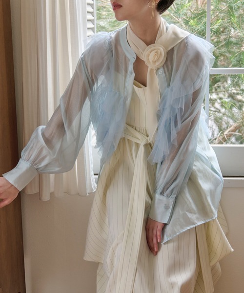 tulle bustier design sheer shirt / チュールビスチェデザイン