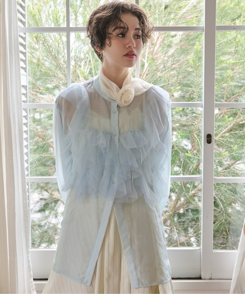 売れ筋商品お見逃しなく tulle bustier design sheer shirt / チュールビスチェデザイン トップス