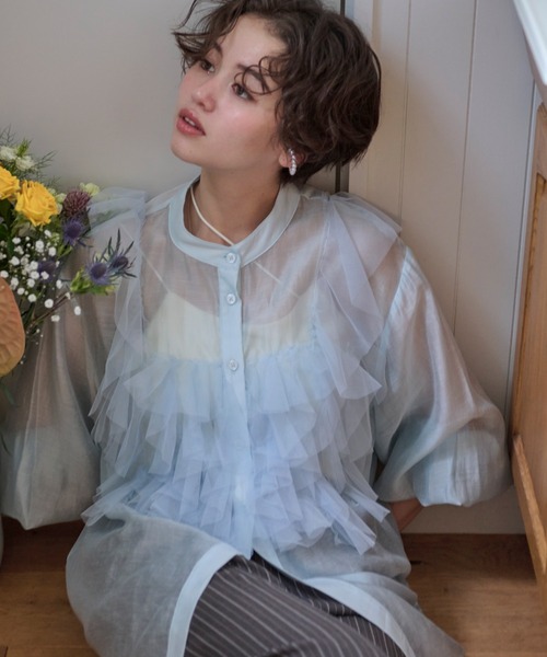 loin nuit（ロワンニュイ）の「tulle bustier design sheer shirt / チュールビスチェデザインシアーシャツ（シャツ/ブラウス・レディース・アイボリー/ブルー・FREE）」の11枚目の写真