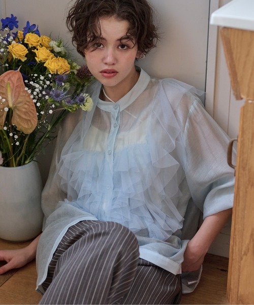 tulle bustier design sheer shirt / チュールビスチェデザイン