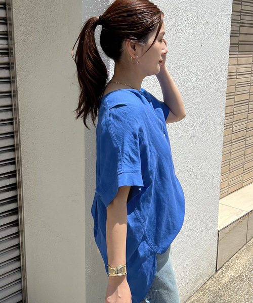 JOURNAL STANDARD（ジャーナルスタンダード）の「《追加2》【洗える】レーヨン麻ノーカラーブラウス（シャツ/ブラウス・レディース・ブラック系その他/ブルー/ブラック/ホワイト/ブラックミックス・FREE）」の7枚目の写真