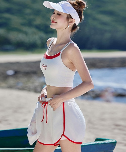 レディース水着 長袖パイピングワンポイントロゴトップス+ブラ+