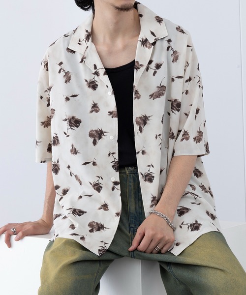 HAUS(ハウス)の「【HAUS】フラワーオープンカラーシャツ 252-3620(シャツ/ブラウス・メンズ・ブラック/ホワイト・M/L)」の1枚目の写真