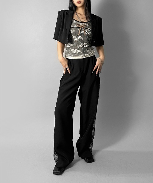 GOLDS♡リボンブローチ付き♡総レース♡肩紐ビジュープレート♡キャミトップス セール】【LVEU.】フロントリボンレースキャミソール / トップス